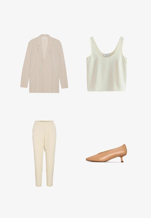 Beige Blazer mit offenem Vorderteil aus leichtem Stoff. Mit langen Ärmeln, Reverskragen und Seitentaschen. Glatte Textur, minimalistisches Design.; Ärmelloses, cremefarbenes, kurzes Tanktop mit breiten Trägern und Rundhalsausschnitt aus glattem Stoff.; Helle beige Hose mit geradem Schnitt, elastischem Bund und zwei vorderen Falten. Weicher, glatter Stoff mit maßgeschneiderter Verarbeitung.; Nudefarbene Lederpumps mit spitzer Zehenpartie, niedrigem Kittenheel und glatter Textur. Minimalistisches Design ohne sichtbare Muster oder Hardware-Details.