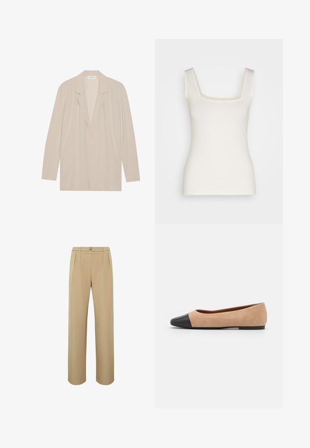 Beige åben front blazervest lavet af letvægtsstof. Har lange ærmer, spidse revers og sidelommer. Glat tekstur, minimalistisk design.; Cremefarvet top med firkantet halsudskæring, smalle stropper og tætsiddende silhuet. Lavet af blødt, strækbart stof. Ingen mønstre eller dekorationer.; Beige bukser med høj talje og lige ben, med bæltestropper og en lille metalspænde ved taljen.; Beige ruskind balletflade med en sort læder rund tåkap, lav hæl og glat tekstur, der har minimal syning og et enkelt design.