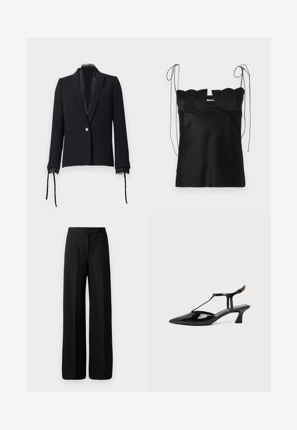 Sort skræddersyet blazer med enkelt dekorativ knap, blonderkant langs krave og manchetter, og bånd, der hænger fra ærmerne.; Sort ærmeløs top med en bølget halsudskæring, lavet af glat stof. Har justerbare skulderbånd og et enkelt, tætsiddende design.; Bredbenede sorte bukser med en glat, mat tekstur. Flad talje uden synligt hardware eller mønstre. Simpelt og elegant design.; Sort laklæder spids tå slingback sko med T-rem og lav skrå blokhæl på hvid baggrund.