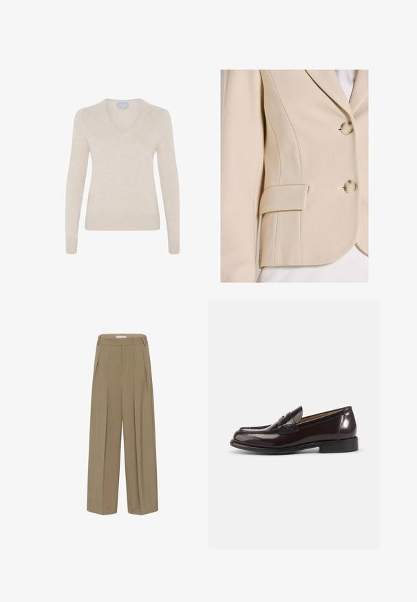 Beiger Blazer mit strukturiertem Stoff, Reverskragen mit Kerbe, zwei Vorderknöpfen und einer Seitentasche mit Klappdetail.; Beiger V-Ausschnitt-Pullover aus weichem Material, mit langen Ärmeln, taillierter Silhouette und geripptem Saum. Keine Muster oder sichtbare Hardware.; Beige weit geschnittene Hose aus strukturiertem Stoff, mit hoher Taille, Falten und einem klaren, strukturierten Design. Maßgeschneiderter Abschluss ohne sichtbare Beschläge.; Dunkelbrauner, polierter Herren-Pennyloafer aus Leder mit niedrigem Absatz und gesteppten Details auf weißem Hintergrund.