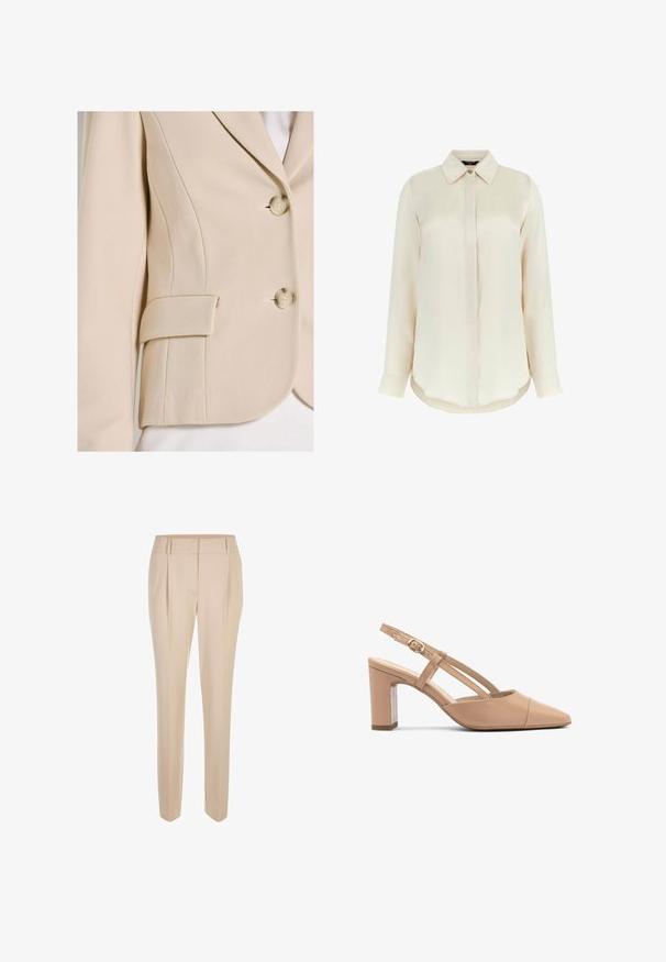Beiger Blazer mit strukturiertem Stoff, Reverskragen mit Kerbe, zwei Vorderknöpfen und einer Seitentasche mit Klappdetail.; MARCIANO BY GUESS Hemdbluse - creme; Beige maßgeschneiderte Slim-Fit-Hosen mit vorderen Falten, Gürtelschlaufen und einem sauberen Bund, vor einem weißen Hintergrund präsentiert.; Beige Leder Slingback-Absätze mit einer spitzen Zehenform, Blockabsatz und einem Riemen mit einer kleinen goldenen Schnalle. Glatte Textur, minimalistisches Design.