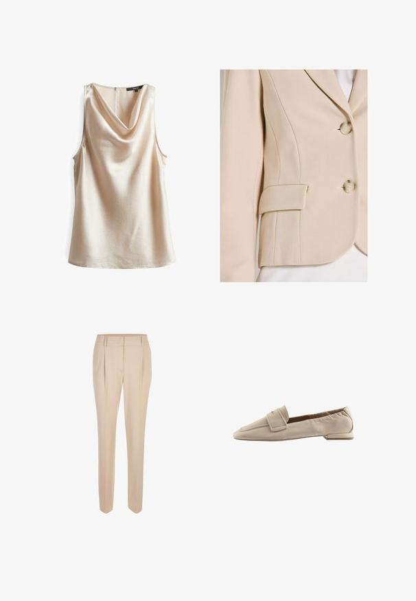 Beiger Blazer mit strukturiertem Stoff, Reverskragen mit Kerbe, zwei Vorderknöpfen und einer Seitentasche mit Klappdetail.; Ärmelloses Top mit Cowl-Neck aus hellbeigem, strukturiertem Stoff mit subtiler Glanz. Verfügt über einen Reißverschluss im Rücken und einen lockeren Schnitt.; Beige maßgeschneiderte Slim-Fit-Hosen mit vorderen Falten, Gürtelschlaufen und einem sauberen Bund, vor einem weißen Hintergrund präsentiert.; Beige Loafers aus glattem Material mit eckiger Spitze, Ziernähten und kleinem flachem Absatz. Das Design verfügt über eine umklappbare Klappe.