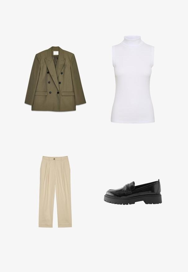 Olivengrøn dobbeltradet blazer med notched lapels, sorte knapper og to forlommer. Glat stof og struktureret design.; Hvid ærmeløs turtleneck top i ribbet stof, med en tætsiddende design og glat tekstur, høj krave og ingen synlig hardware.; Marc O'Polo BALLOON LEG PLEATED INSPIRED DETAILS - Bukser - jonesboro cream; Sorte lakerede loafers har en lav platformssål med en robust træd og en quiltet detalje over midtfoden.