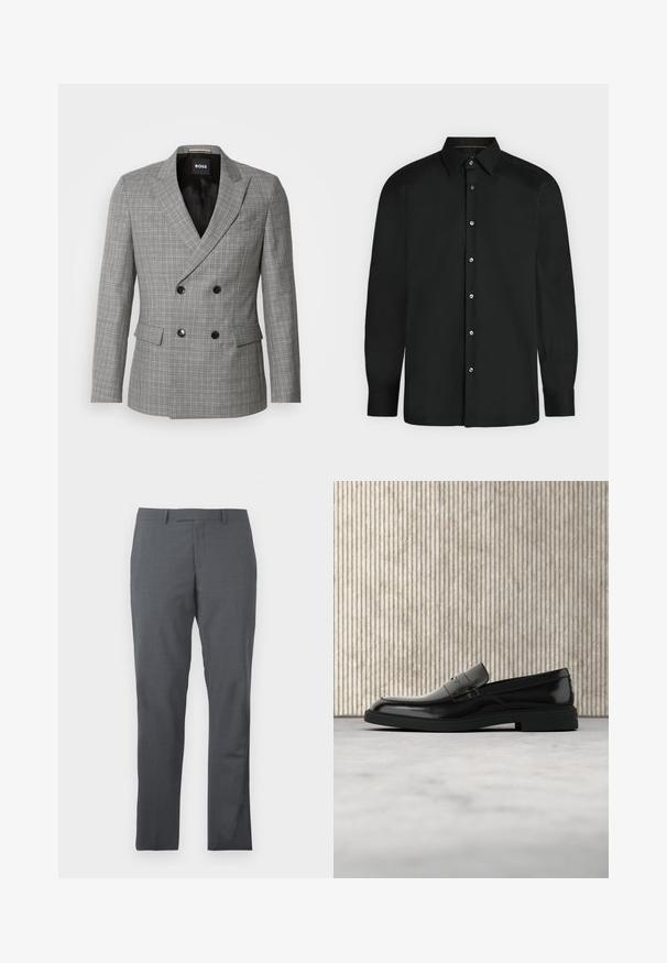 Blazer de cuadros gris de corte doble con botones negros, solapas de pico y bolsillos delanteros. Tejido suave con un ajuste entallado. Interior forrado.; Camisa negra de manga larga con botones, cuello puntiagudo y puños abotonados, mostrada sobre un fondo claro y liso.; Pantalones de vestir grises con una tela suave y texturizada. Diseño slim fit, con delantero liso y sin adornos ni bolsillos visibles.; Zapato loafer de cuero negro pulido flotando sobre una alfombra beige con muebles translúcidos naranjas de fondo.