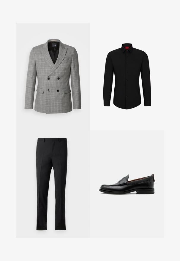Grå ternet dobbeltbrystet blazer med sorte knapper, spidse klapper og forlommer. Glat stof med en skræddersyet pasform. Foret inderside.; Sort langærmet skjorte med knaplukning foran, klassisk krave og rundet kant; har sorte knapper og et rødt logo indeni kraven.; Sorte bukser med en skræddersyet pasform, der har en flad front, to pressefolder, bæltestropper og en glat overflade. Ingen synlige mønstre eller beslag.; Sort læder herre loafer med moc-tå syning, penny strop, struktureret krave og lav stablet hæl på hvid baggrund.