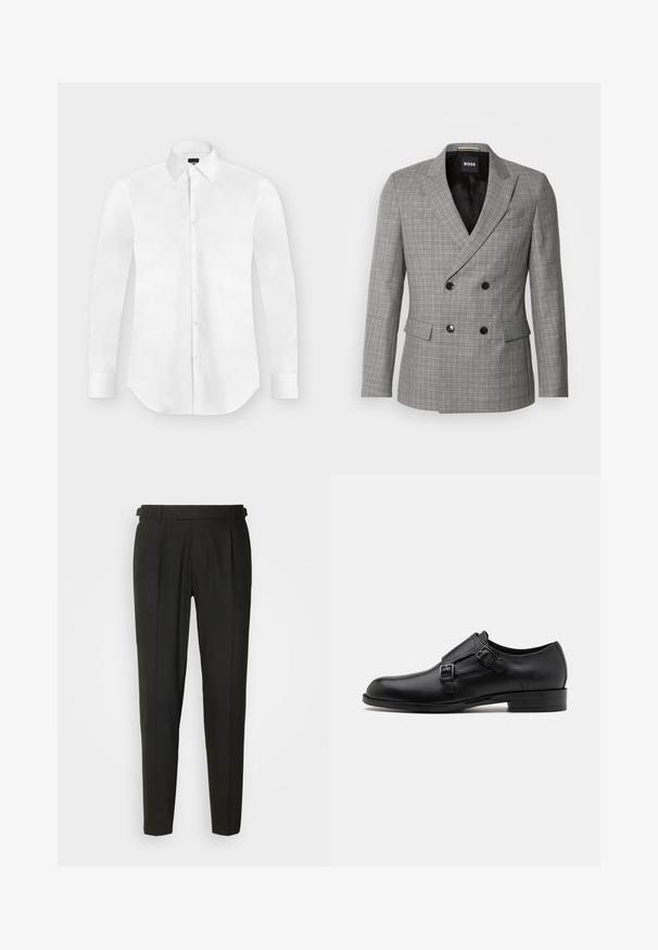 Blazer de cuadros gris de corte doble con botones negros, solapas de pico y bolsillos delanteros. Tejido suave con un ajuste entallado. Interior forrado.; Camisa blanca de vestir de manga larga con botones y cuello puntiagudo, colocada perfectamente plana sobre un fondo gris claro.; Pantalones negros ajustados con frontales lisos, dos pliegues, trabillas para cinturón y diseño de pierna recta. Fabricados con una tela suave y ligera.; Zapato de vestir de cuero negro con doble hebilla, silueta elegante y punta redonda. Cuenta con un tacón bajo y una textura suave.