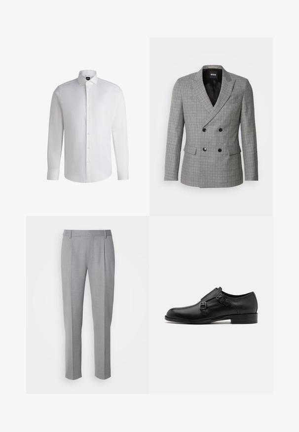Grau karierte Doppelreiher-Blazer mit schwarzen Knöpfen, spitzen Revers und Fronttaschen. Glattes Material mit taillierter Passform. Gefüttertes Innenfutter.; Weißes Langarmhemd aus glattem Baumwollstoff, mit klassischem Kragen, durchgehender Knopfleiste und geknöpften Manschetten. Minimalistisches Design.; Grau zugeschnittene Hosen mit glatter Textur, flachem Frontbereich, geraden Beinen und dezenten Falten für zusätzliche Details.; Schwarze Leder- Schnürschuhe mit doppelten Schnallen, schlanker Silhouette und runder Zehenpartie. Sie verfügen über einen niedrigen Absatz und eine glatte Textur.