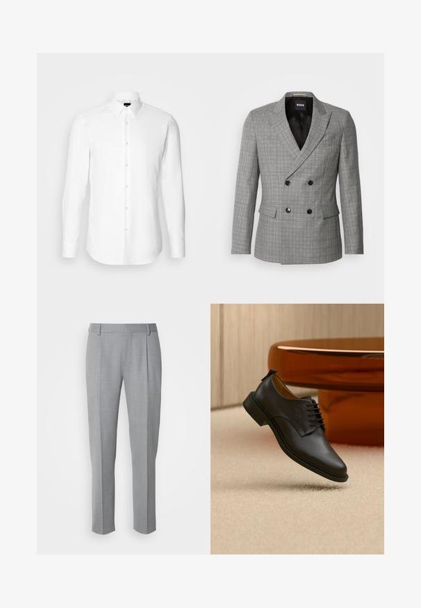 Šedý károvaný dvojradový blazer s čiernymi gombíkmi, špičatými klopami a prednými vreckami. Hladká tkanina s prispôsobeným strihom. Podšitý interiér.; Biela košeľa s dlhým rukávom, zapínanie na gombíky, klasický golier, vyrobená z hladkej látky s jemnou textúrou, navrhnutá pre priliehavý vzhľad.; Sivé klasické nohavice s hladkou textúrou, s plochým predným dielom, rovnými nohavicami a jemnými záhybmi pre dodatočný detail.; Čierna kožená pánska spoločenská topánka na šnurovanie levitujúca nad béžovým koberecom, s hnedým okrúhlym konferenčným stolíkom v pozadí.