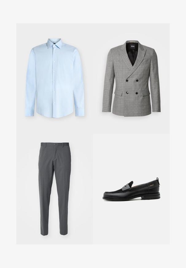 Šedý károvaný dvojradový blazer s čiernymi gombíkmi, špičatými klopami a prednými vreckami. Hladká tkanina s prispôsobeným strihom. Podšitý interiér.; Pánska svetlomodrá košeľa s dlhým rukávom, zapínaním na gombíky a špicatým golierom, zobrazená na bielom pozadí.; Sivé nohavice vyrobené z hladkej tkaniny, s gombíkovým zapínaním, prednými vreckami a štíhlym strihom.; Čierny kožený mokasín so sivým remienkom, nízkym podpätkom a textúrovanou podrážkou, so značkou "HUGO" v zlatej farbe na boku.