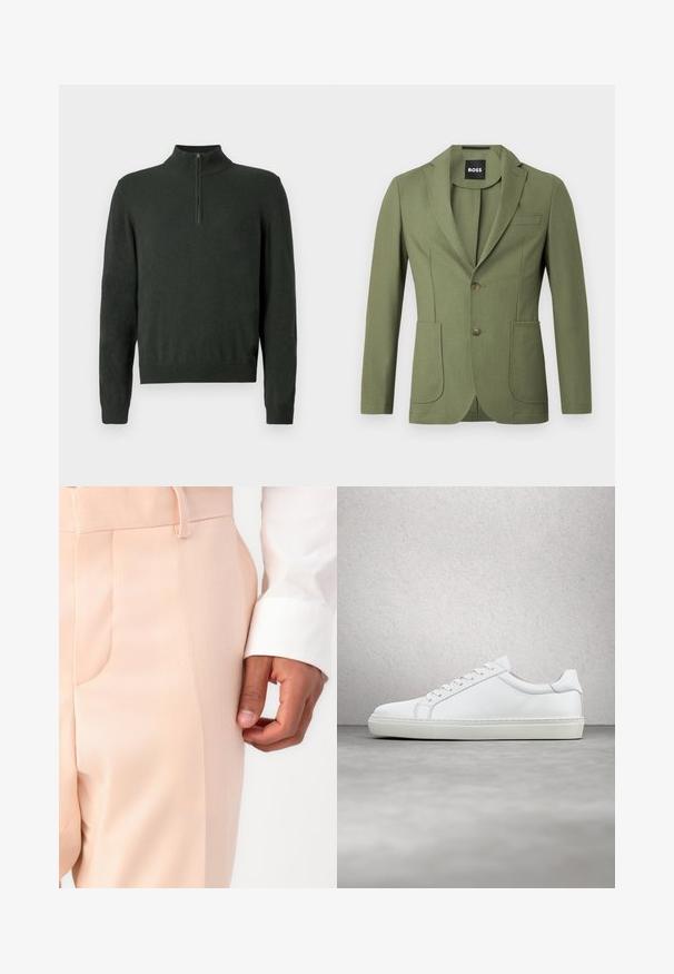 Olijfgroene getailleerde mannenblazer met notch lapels, twee knopen, twee voorzakken en een borstzak.; Donkergroene lange mouwen trui met een halve rits kraag en ribbels aan de mouwen en onderkant op een effen achtergrond.; Lichtroze op maat gemaakte broeken met een gladde textuur, voorzien van een zijzak en een riemlus, gecombineerd met een witte shirtmanchet.; Witte sneaker met een gladlederen bovenwerk en een laag profiel. Voorzien van een ronde neus, zes vetergaatjes en een gestructureerde rubberen zool.