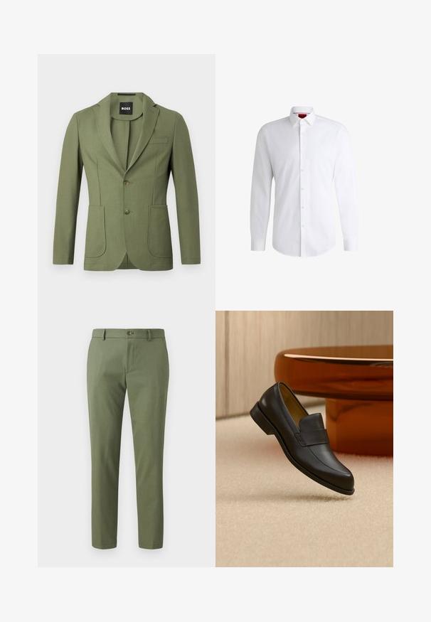 Olijfgroene getailleerde mannenblazer met notch lapels, twee knopen, twee voorzakken en een borstzak.; Witte overhemden van soepel materiaal met een klassieke kraag, lange mouwen en een afgeronde zoom. Voorzien van beige knopen aan de voorkant.; Groene broek van textuurstof, met een slim fit, rechte pijpen en een sluiting met een knoop aan de voorkant. Geschikt voor casual of formele kleding.; Zwarte leren loafer met lage hak zwevend boven een beige tapijt dichtbij een ronde bruine tafel.
