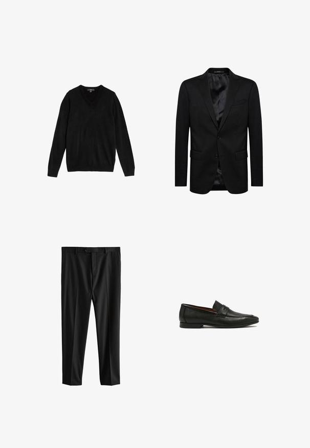 Blazer negro con diseño de un solo botón, solapas con muesca, dos bolsillos frontales y forro interior de satén. Cierre simple con botón.; Suéter negro con cuello en V hecho de tejido suave y de punto. Mangas largas, puños y bajo acanalados, diseño sencillo sin patrones ni detalles.; Pantalones de vestir negros a medida con trabillas para cinturón, cierre frontal con botón y bolsillos laterales, mostrados planos sobre fondo blanco.; Mocasines de cuero negro con un acabado texturizado, que cuentan con una correa decorativa y una suela baja y plana. Diseño elegante con punta afilada.