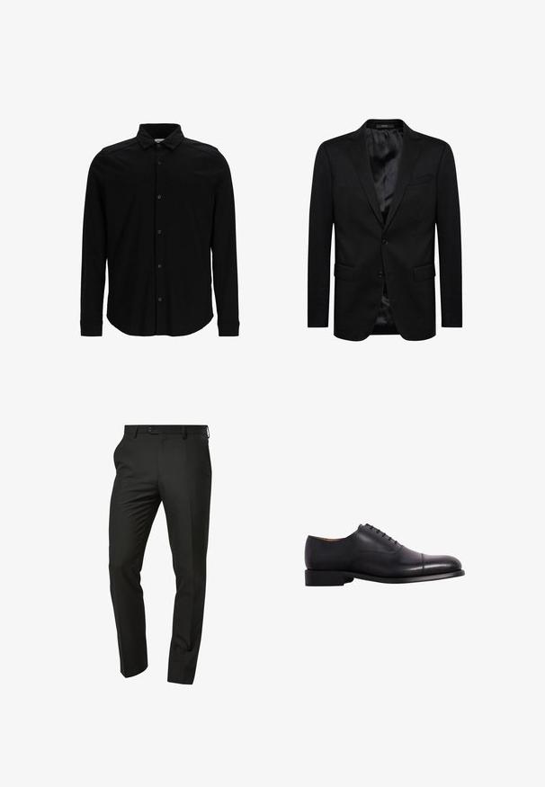 Zwarte blazer met een enkelzijdig ontwerp, met een reverskraag, twee voorzakken en een satijnen binnenvoering. Eenvoudige knoopsluiting.; Zwarte langmouwen shirt van gladde stof, met een knoopsluiting aan de voorkant, een kraag en een subtiel geborduurd logo op de borst.; Zwarte op maat gemaakte broek met een slim fit, een vlakke voorkant, riemlussen en een enkele knoopsluiting. Glad materiaal met een scherpe afwerking.; Zwarte leren dresschoenen met een ronde neus, een gladde textuur en vetersluiting met vijf oogjes. Heeft een lage hak en minimale stikdetails.