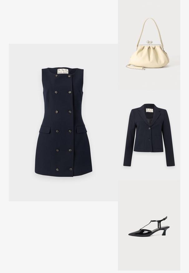 Blazer cintré bleu marine avec deux boutons, revers crantés, poches plaquées à l'avant, poche poitrine passepoilée et manches longues.; Robe bleu marine sans manches avec une silhouette ajustée, design croisé avec six boutons noirs et deux poches latérales. Texture unie.; Chaussure slingback femme en cuir verni noir à talon bas, bout pointu et fine bride avec petite boucle.; Sac à main en cuir souple couleur crème avec un design froncé, fermoir cadre argenté, poignée courte et bandoulière chaîne amovible.
