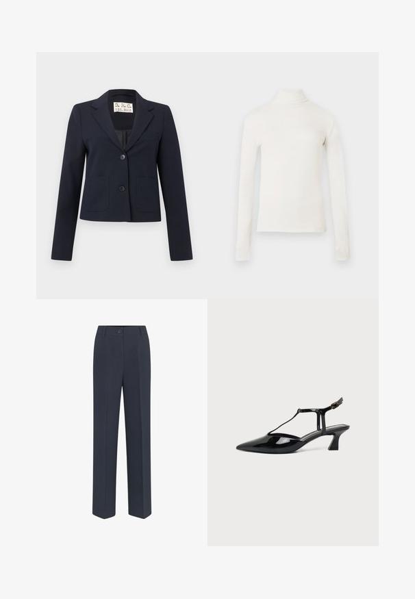 Marineblå skræddersyet blazer med to knapper, hakrevers, forlommer med klap, brystlomme med åbning og lange ærmer.; Langærmet rullekravetrøje i off-white, lavet af blødt stof. Har et tætsiddende design og en høj halsudskæring. Glat tekstur uden mønstre.; Marineblå, skræddersyede bukser med lige ben, der har lukkefunktion foran med knap og diskrete stolpefure detaljer. Glat stofstruktur.; Sort lakeret læder damesko med lav hæl, slingback, spids tå og tynd rem med lille spænde.