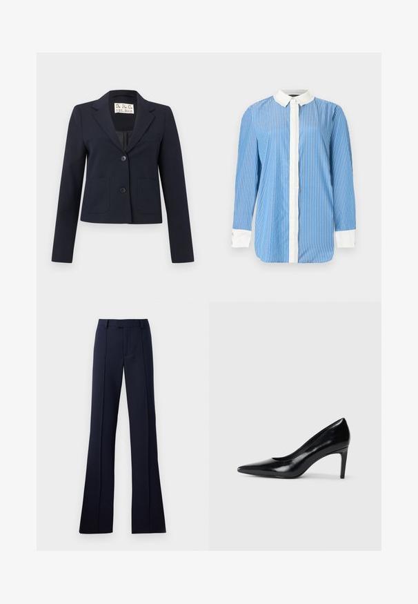 Tmavomodrý na mieru šitý blazer s dvoma gombíkmi, výstrihom s výrezom, prednými nášivkovými vreckami, náprsné štrbinovým vreckom a dlhými rukávmi.; Modrá košeľa s dlhým rukávom s bielymi vertikálnymi pásikmi, bielym golierom, bielym predným zapínaním na gombíky a bielymi manžetami s gombíkmi.; Námornícky modré, rozšírené nohavice vyrobené z hladkého materiálu. Obsahujú plochý predný diel, pútka na opasok a záhyby. Bez viditeľných vzorov alebo akcentov.; Čierna kožená vysoká topánka s ihlovým podpätkom a špičatou špicou, hladkou textúrou a zúženým podpätkom. Minimalistický dizajn, bez ďalších ozdôb.