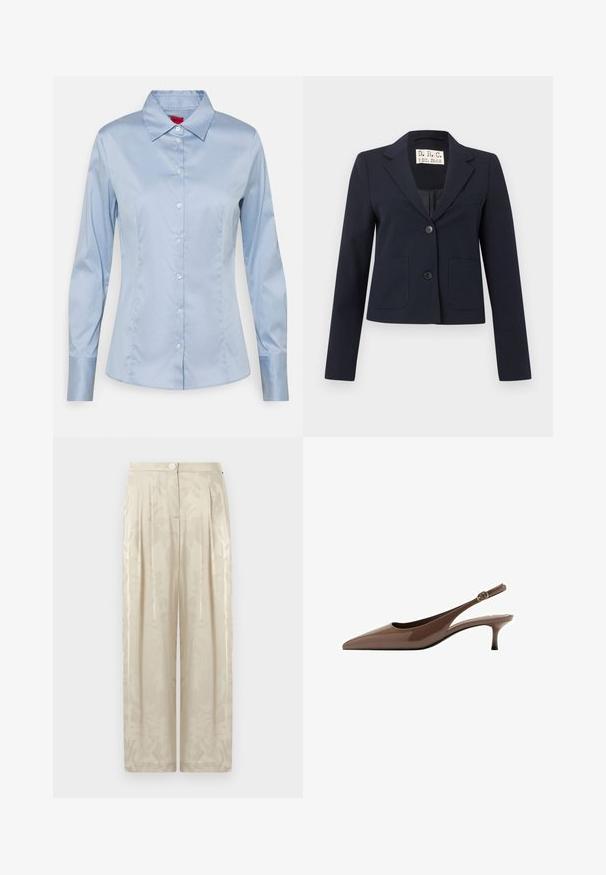 Marineblauwe getailleerde blazer met twee knopen, inkeping revers, voorzakken met klep, borstzak met bies en lange mouwen.; Lichtblauw button-up shirt van gladde stof, met een klassieke kraag, lange mouwen en een rechte pasvorm met subtiele stikseldetails.; Beige broek met hoge taille en wijde pijpen, voorzien van een subtiel bloemenpatroon, knoopsluiting aan de voorkant en geplooide details.; Bruine slingback pump van gepatenteerd leer met puntige neus, smalle gespband en lage kittenheel.