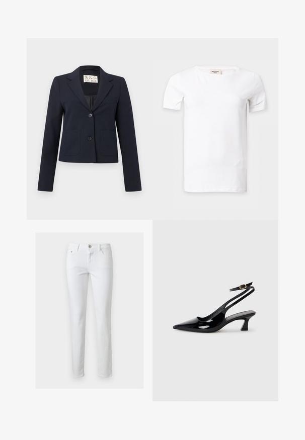 Blazer cintré bleu marine avec deux boutons, revers crantés, poches plaquées à l'avant, poche poitrine passepoilée et manches longues.; T-shirt blanc uni à manches courtes avec un col rond, présenté sur un fond gris clair.; Jean blanc slim avec fermeture à boutons et zip à l'avant, passants pour ceinture, poches avant et arrière, présenté sur un fond uni.; Escarpins à brides arrière en cuir verni noir, à bout pointu, avec un petit talon carré et une sangle de cheville ajustable dotée d'une boucle dorée.