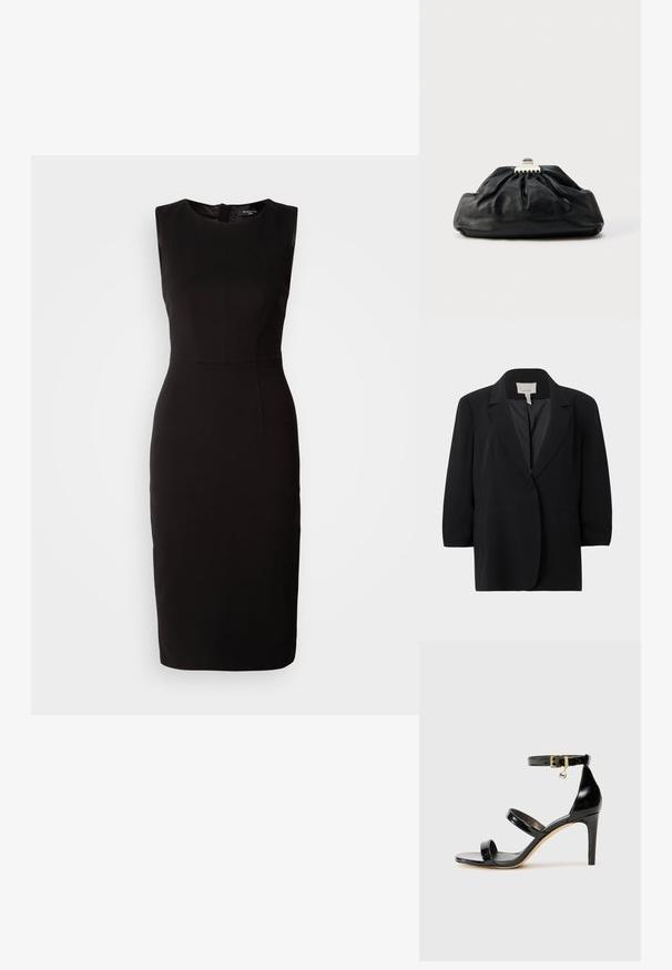 Sort enkelt-knaps blazer med notch revers og to forlommer med kant, vist på en ensfarvet lysegrå baggrund.; MARCIANO BY GUESS ZIP MIDI DRESS - Jerseykjole - black; Sorte patenterede lædersandaler med tre stropper, ankelspænde og 10 cm stiletthæl. Har detaljer i guld og et logo charms.; Sort læderclutch med en samlet tekstur, metal lukning og diskret præget logo på forsiden. Rundet form.