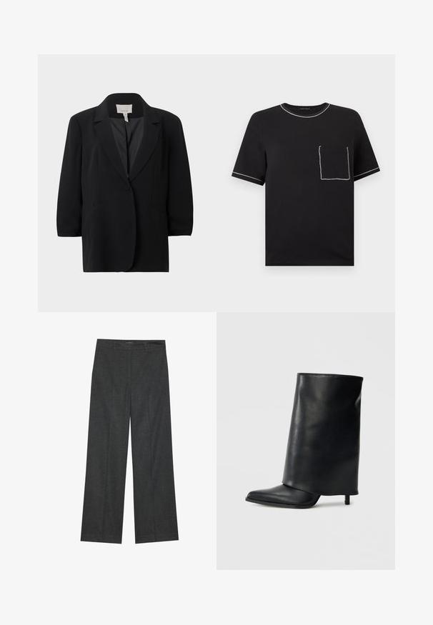 Blazer noir à un bouton avec revers crantés et deux poches passepoilées à l’avant, présenté sur un fond uni gris clair.; T-shirt noir à manches courtes avec des surpiqûres blanches contrastantes sur le col, les bords des manches et une poche avant sur la poitrine gauche.; Pantalons larges gris foncé en tissu texturé, avec une taille plate, des passants de ceinture et une finition soignée à l'ourlet.; Bottine en cuir noir avec un design structuré à rabat, bout pointu et talon fin. Texture lisse avec un minimum de détails.