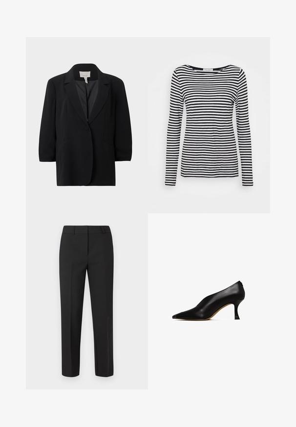 Blazer negro de un solo botón con solapas con muesca y dos bolsillos delanteros de ojal, exhibido sobre un fondo gris claro liso.; Camisa de manga larga y cuello redondo con un patrón de rayas en blanco y negro. Fabricada con una tela suave y de corte regular. Diseño limpio y minimalista.; Pantalones negros a medida con corte recto, frente plano y sin adornos visibles. Fabricados con una tela lisa y de acabado nítido.; Zapato de tacón alto de cuero negro con punta afilada y un tacón delgado y curvado. Presenta una textura suave y un diseño minimalista.