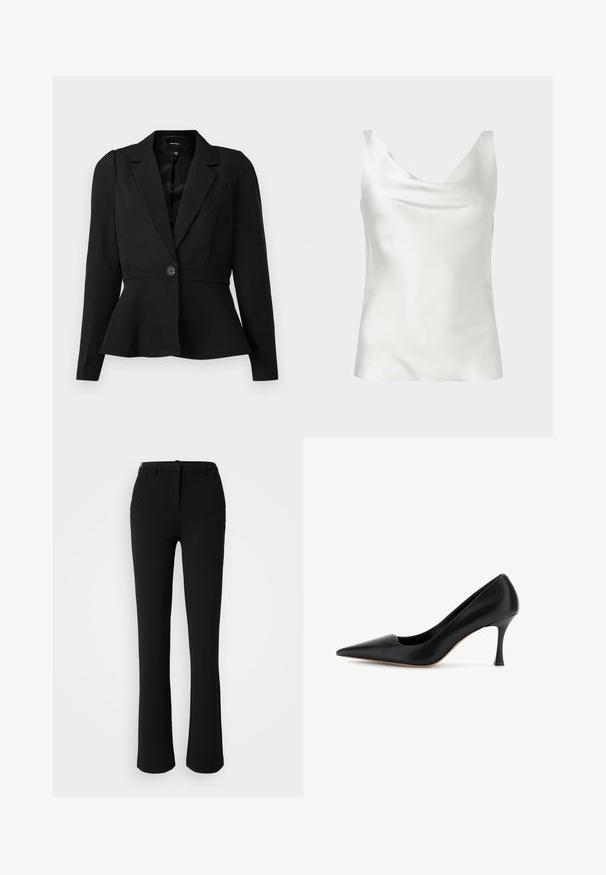Blazer negro a medida con una cintura ajustada, mangas largas, cierre de un solo botón y dobladillo peplum. Tejido suave con un diseño clásico.; Top camisola sin mangas de satén blanco con escote drapeado y textura suave y brillante.; Pantalones negros confeccionados en una tela suave, con un diseño de pierna recta, bolsillos frontales y una cintura estándar con un pasador para cinturón.; Zapato de salón de cuero negro con punta puntiaguda y tacón stiletto curvado de altura media sobre fondo blanco.