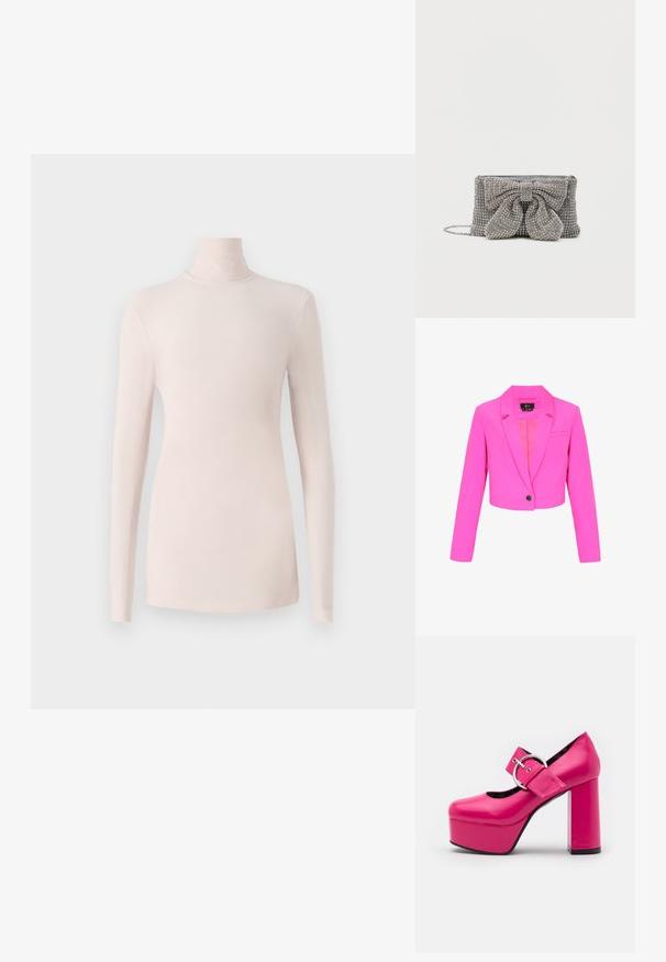 Felroze cropped blazer met lange mouwen, enkele zwarte knoopsluiting, notched revers en één borstzak.; Lichtroze, lange mouwen, coltrui gemaakt van zacht, rekbaar materiaal met een aansluitend model en minimale naden.; LAMODA FORGET ME PLATFORM - Hoge hakken - fuchsia; Sprankelende grijze handtas met een gestructureerd oppervlak, voorzien van een grote strikaccent aan de voorkant en een kettingband. Compact rechthoekig van vorm.