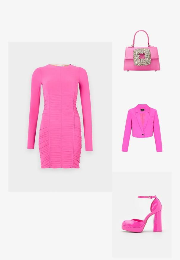 Pink cropet blazer med lange ærmer, enkelt sort knaplukning, notched revers og en brystlomme.; Figurtilpasset kjole med lange ærmer i lysende pink. Har rynket tekstur, rund halsudskæring og sidelæg med en lille metallisk detalje.; Call it Spring ANABELLE - Plateaupumps - dark pink; Rosa satin skuldertaske med et struktureret design, der har en stor smykkeklædt firkantet lås og korte håndtag. Bunden har metalfødder for stabilitet.