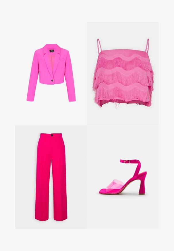 Pink cropet blazer med lange ærmer, enkelt sort knaplukning, notched revers og en brystlomme.; Rosa cropped top med lagdelte frynser, der har bølgemønstre og tynde justerbare stropper. Den glatte stofstruktur komplementerer designet.; Fuchsia brede bukser med høj talje, frontfald og en enkelt sort knaplukning. Glat tekstur og skræddersyet design.; Lyserød hælsandal med en klar plastikrem, åben tå-design og en slank blokhæl, med en spænde ankelrem.