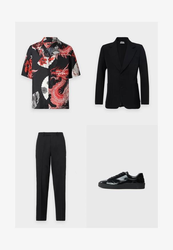 Paul & Joe VMILO - Blazere - noir; Kortærmet sort skjorte med røde drager og blomstermønstre, hvide vifte-designs og knaplukning foran. Lavet af glat stof.; Theory STRAIGHT - Bukser - deep black; Sorte laklæder sneakers med rund tå, snørredesign, tekstureret gummisål og en glat overflade.
