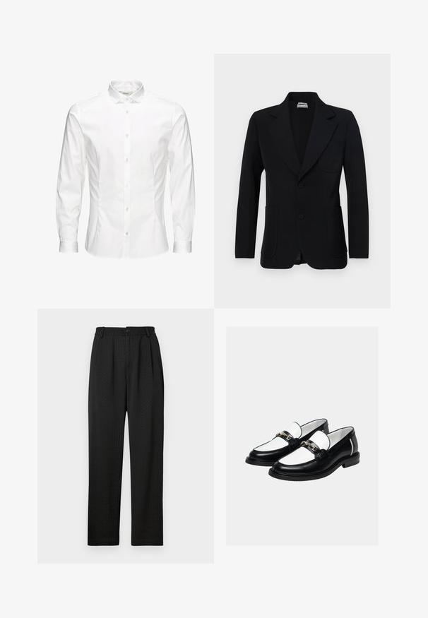Paul & Joe VMILO - Veste de costume - noir; Chemise blanche à manches longues avec boutons, fabriquée dans un tissu lisse. Dotée d'un col classique, de boutons sur le devant et de poignets à un bouton. Design ajusté.; Pantalons noirs avec un motif texturé, dotés d'une large ceinture avec un bouton et de plis à l'avant pour un ajustement sur mesure. Design à jambe droite.; Paire de mocassins en cuir noir et blanc avec un détail de chaîne dorée sur le dessus, sur un fond clair uni.