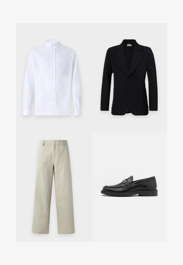Paul & Joe VMILO - Blazere - noir; Hvid langærmet skjorte med knapper lavet af bomuld, med en brystlomme med tonal broderi, krave og knapmanchetter.; Han Kjøbenhavn WIDE LEG - Bukser - light grey; Sorte læder loafers med en rund tå, der har guld hardware accent og syningsdetaljer, placeret på en lav, tekstureret gummisål.