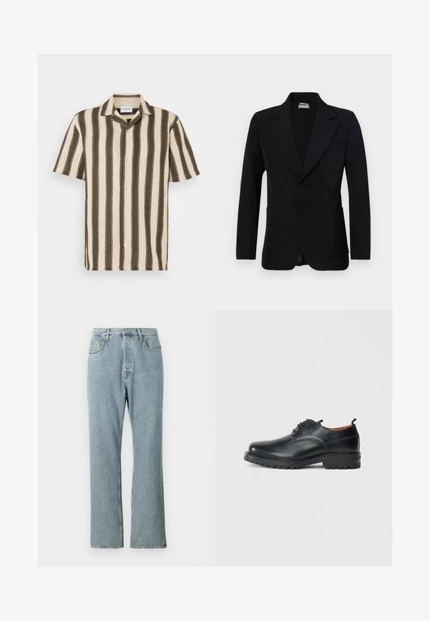 Paul & Joe VMILO - Sakko - noir; Kurzarmhemd mit Button-Down-Kragen, das abwechselnd cremefarbene und olivgrüne Streifen sowie ein strukturiertes Muster aufweist.; Helles blaues Denim-Jeans mit hoher Taille, weit geschnittenen geraden Beinen und einfacher Naht. Verfügt über fünf Taschen und einen klassischen Knopfverschluss.; Schwarze Leder Derby-Schuhe mit glatter Textur, runder Zehenform, Schnürdesign und einer dicken, robusten Gummisohle.