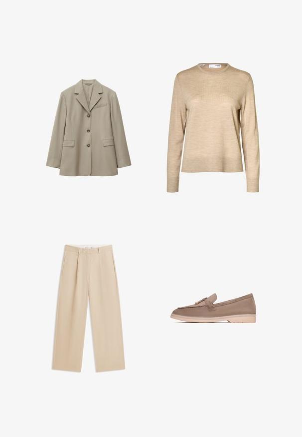 Blazer beige clair à simple boutonnage avec trois boutons, col à revers cranté, deux poches frontales à rabat et une poche poitrine à fente.; Pull en laine beige à manches longues avec col rond et poignets et ourlet côtelés, présenté sur fond blanc.; Pantalon beige à jambes larges avec passants de ceinture, poches latérales et un pli marqué sur le devant de chaque jambe, présenté à plat sur un fond blanc.; Mocassins en cuir brun avec une texture lisse, dotés d'une bande décorative et d'un matériel en or, reposant sur une semelle en caoutchouc beige clair.