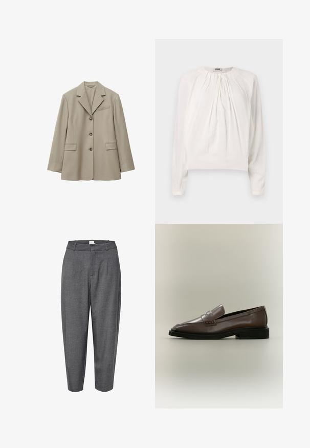 Blazer beige clair à simple boutonnage avec trois boutons, col à revers cranté, deux poches frontales à rabat et une poche poitrine à fente.; Blouse blanche à manches longues avec un col rond et un devant plissé. Tissu doux et lisse avec une coupe décontractée et un détail de bouton au col.; Pantalons gris évasés en tissu texturé ; dotés de plis et d'une taille lisse avec une fermeture dissimulée.; Mocassin en cuir marron à enfiler avec semelle noire et petit talon, avec un détail de bride sur le dessus.