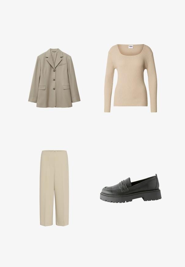 Let beige, enkeltknappet blazer med tre knapper, notch reverskrave, to forlommer med klap og en brystlomme med åbning.; Beige ribstrikket sweater med firkantet halsudskæring og lange ærmer, lavet af blødt, tekstureret stof. Enkel design egnet til lag-på-lag.; Beige bukser med brede ben, elastisk talje og glat stof. Designet har en ren, minimalistisk silhuet uden lommer.; Sorte læder loafers med en tekstureret overflade, fremtrædende syning og en tykk sort gummisåle med mønster.