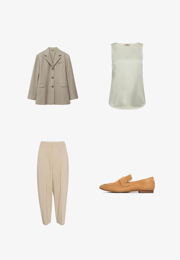 Blazer beige claro de un solo pecho con tres botones, solapa con muesca, dos bolsillos delanteros con solapa y un bolsillo de ojal en el pecho.; Blusa sin mangas de satén color beige claro con escote en V y dobladillo redondeado, con una pequeña etiqueta en la parte posterior del cuello interior.; Pantalones beige entallados con cintura alta, frente plisado y pierna ajustada. La tela parece suave con un sutil brillo. Sin bolsillos visibles.; Mocasines de ante color arena con tacón plano, punta redondeada y una tira cosida en el empeine para un acabado refinado.