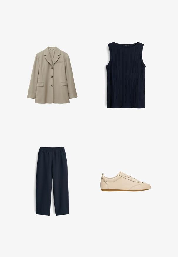 Hellbeige einreihiger Blazer mit drei Knöpfen, Reverskragen mit Kerbe, zwei vorderen Pattentaschen und einer Brustleistentasche.; Marineblaue ärmellose Bluse aus geripptem Stoff. Verfügt über einen runden Ausschnitt und eine lockere Passform mit geradem Saum. Keine Verzierungen.; Marineblaue Hose aus glattem Stoff, mit elastischem Bund, zwei Seitentaschen und einem entspannten Schnitt mit geraden Beinen.; Beiger Leder-Sneaker mit Schnürung, glatter Oberfläche, abgerundeter Kappe, flachem Profil, gepolstertem Schaft und brauner Gummisohle.