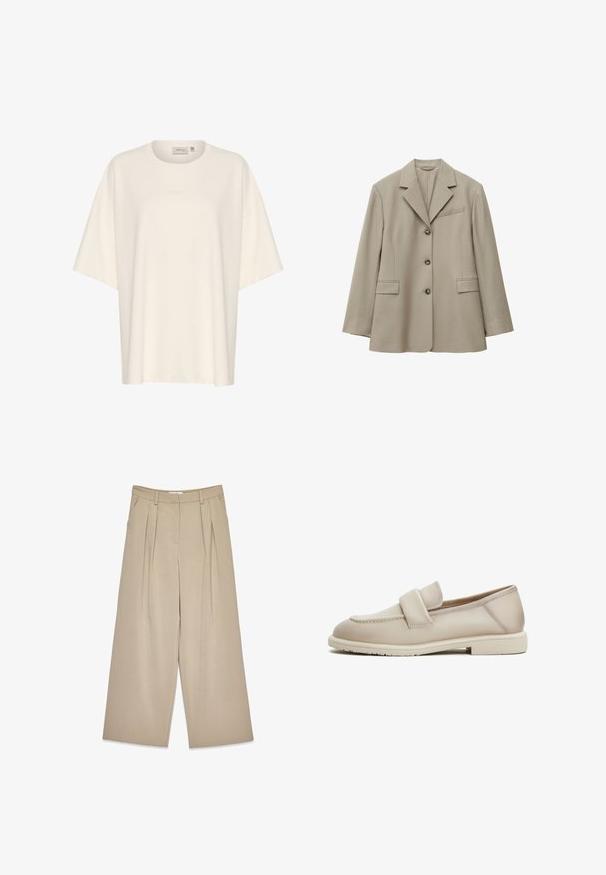 Let beige, enkeltknappet blazer med tre knapper, notch reverskrave, to forlommer med klap og en brystlomme med åbning.; Overdimensioneret creme T-shirt lavet af blødt stof med rund halsudskæring og korte ærmer. Subtil prægede logo detaljer på forsiden.; Beige viddebukser med frontfolder, sidelommer, bælteløkker og en skjult lukning foran.; Beige læder loafers med en jævn tekstur, der har et forhøjet bånd over forgabreren og en lav, flad gummisål.