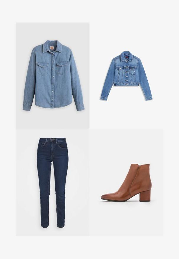 Veste en jean bleue courte avec fermeture à boutons sur le devant, deux poches poitrine à rabats et manches longues sur fond blanc.; Chemise en denim bleu clair à manches longues, boutonnée à l'avant, avec deux poches poitrine et un col classique. Texture lisse et coupe décontractée.; Jean en denim bleu foncé avec une coupe slim, taille mi-haute, poches avant et fermeture éclair. Le tissu a une texture lisse.; Bottillon en cuir marron avec un orteil pointu, un talon moyen et un minimum de coutures. Texture lisse avec une finition polie.