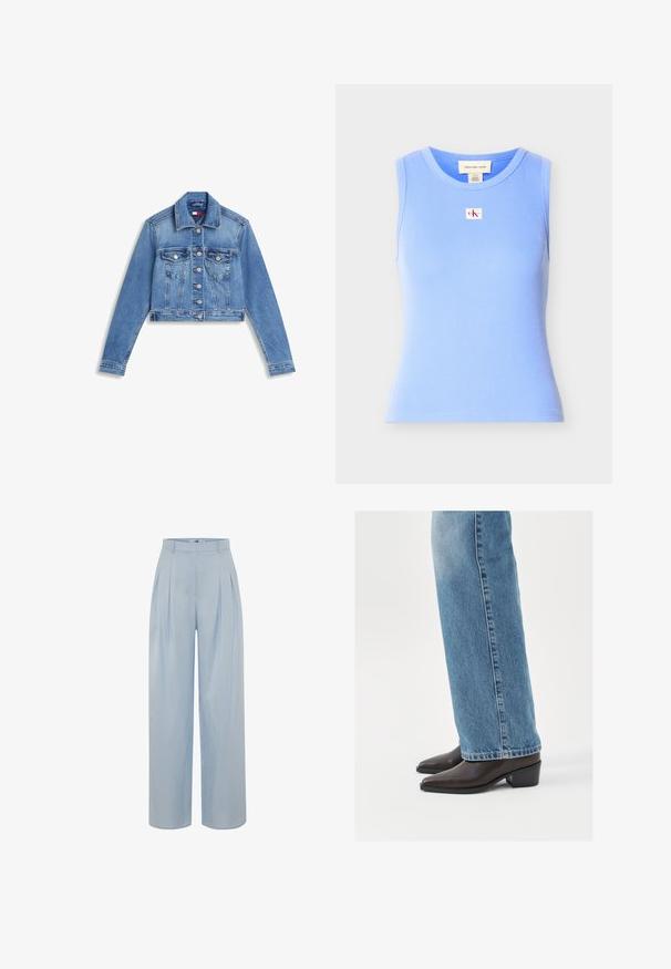 Blaue kurz geschnittene Jeansjacke mit Knopfleiste vorne, zwei Klapp-Brusttaschen und langen Ärmeln vor weißem Hintergrund.; Ärmelloses hellblaues, geripptes Tanktop mit rundem Ausschnitt und kleinem Calvin Klein Jeans Logo-Patch mittig auf der Brust.; adL Stoffhose - blue; Braune Leder-Stiefeletten mit spitzer Zehenform und Blockabsatz, kombiniert mit hellblauen, geraden Jeans, die ein sauberes und einfaches Design präsentieren.