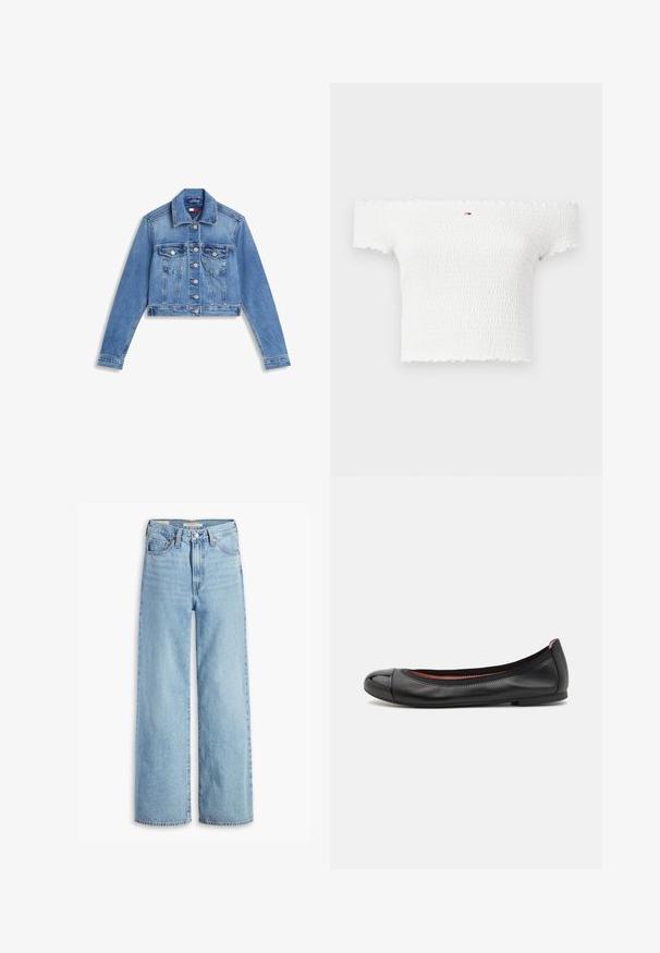 Blå cropped denimjakke med knaplukning foran, to klaplommer på brystet og lange ærmer på hvid baggrund.; Hvid off-the-shoulder top med smocket tekstur, bølgede kanter og et lille mærke logo på forsiden. Blødt, strækbart stof.; Højtaljede, lyseblå, vide bukser med knap og lynlås fortil, bæltestropper og fem lomme-stil.; Sorte læder balletflade med en rund tå og blanke kapdetaljer. Har en glat tekstur og subtil syning langs den øverste kant.