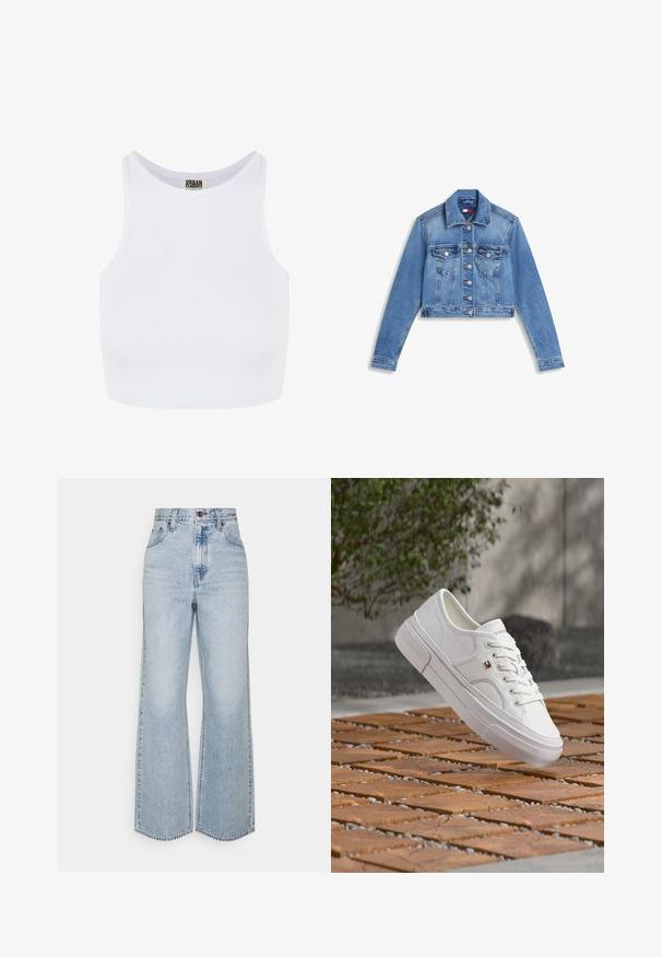 Veste en jean bleue courte avec fermeture à boutons sur le devant, deux poches poitrine à rabats et manches longues sur fond blanc.; Débardeur court blanc à côtes avec de larges bretelles et un col rond. Il présente une texture douce et un design minimaliste sans motifs.; Jean large en denim bleu clair avec taille haute, design classique à cinq poches et couture contrastante. Détail de ourlet brut en bas.; Baskets en cuir blanc avec des lacets et un petit logo rouge, blanc et bleu, flottant au-dessus d'une surface extérieure en bois et galets à motif.
