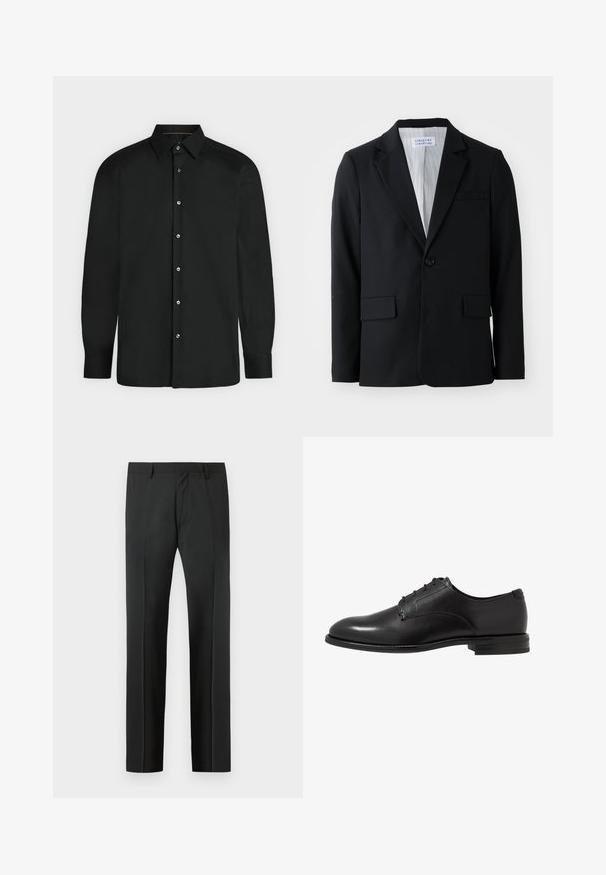 Sort blazer lavet af tekstureret stof med en enkelt knaplukning, klapslag og tre lommer, herunder en brystlomme.; Sort skjorte med lange ærmer, knapper foran, spids krave og knapmanchetter, vist mod en ensformet lys baggrund.; Sorte skræddersyede bukser med bæltestropper og en forreste presning, vist mod en lys grå baggrund.; Sorte lædersko med en glat overflade, rund tå, seks snørrehuller og en lav stablet hæl. Enkel, klassisk design.