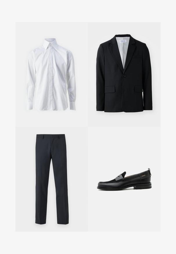 Sort blazer lavet af tekstureret stof med en enkelt knaplukning, klapslag og tre lommer, herunder en brystlomme.; Hvid langærmet skjorte lavet af glat stof, med klassisk krave, knaplukning og en diskret broderet logo nederst til venstre.; Sorte, lige dressbukser med bæltestropper og lynlås foran, vist på en ensfarvet baggrund.; Sort læderloafer med grå remdetalje, lav hæl og tekstureret sål, mærket med "HUGO" i guld på siden.