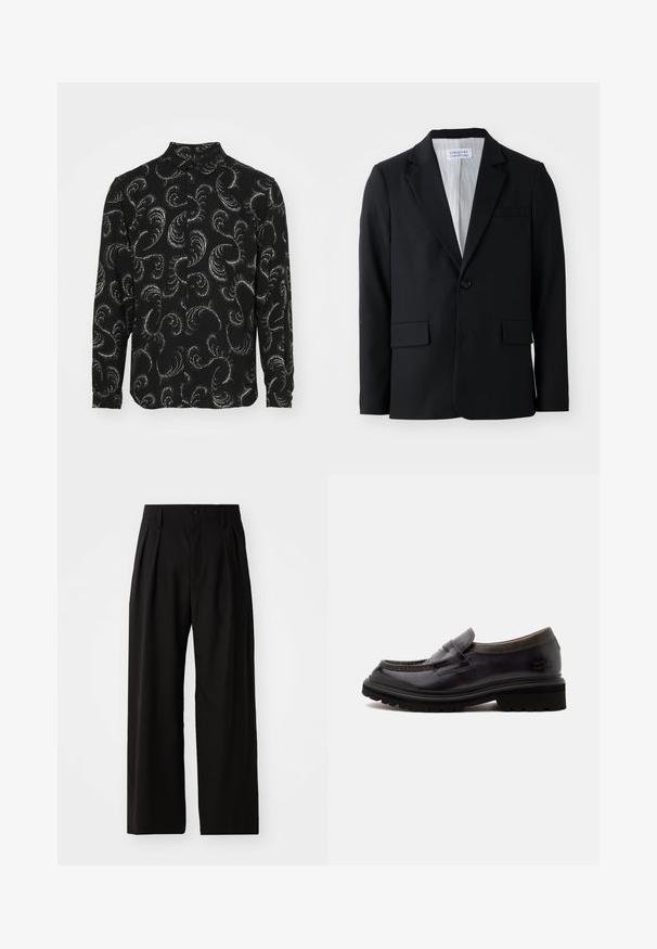 Blazer noir en tissu texturé avec une fermeture à un bouton, des revers crantés et trois poches, y compris une poche poitrine.; Chemise noire à boutons avec des motifs en paisley blancs tourbillonnants, manches longues et col classique, fabriquée en tissu léger.; Pantalons larges noirs avec une texture lisse, dotés de deux plis avant, d'une fermeture à bouton et de poches latérales. Tissu durable.; Mocassin en cuir noir avec semelle épaisse en caoutchouc et col texturé, vue latérale sur fond clair uni.