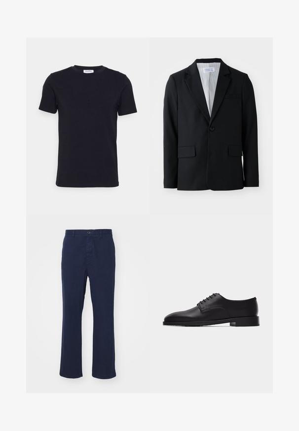 Schwarzer Blazer aus strukturiertem Stoff mit einem einreihigen Knopfverschluss, Reverskragen und drei Taschen, darunter eine Brusttasche.; Schwarzes T-Shirt mit kurzen Ärmeln und Rundhalsausschnitt, mit einem kleinen weißen Etikett auf der Innenseite des Kragens.; Marineblaue Baumwollhose mit geradem Beinschnitt, ausgestattet mit einem vorderen Knopfverschluss und Seitentaschen. Glatte Textur mit minimalen Details.; Schwarzer Herrenschuh aus Leder im Oxford-Stil mit geschlossener Schnürung und niedrigem, gestapeltem Absatz, seitlich auf weißem Hintergrund dargestellt.