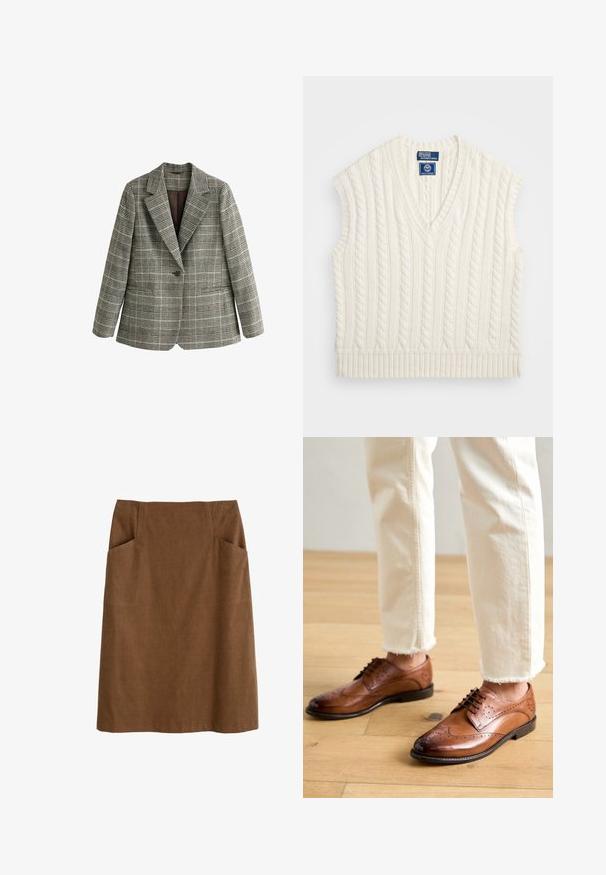 Blazer gris de cuadros con un solo botón, solapas con muescas y mangas largas, mostrado sobre un fondo blanco.; Suéter sin mangas de punto trenzado crema con escote en V y dobladillo acanalado. Presenta un patrón texturizado y una etiqueta de logo en el escote.; Falda de algodón marrón con cintura ajustada, dos bolsillos laterales y corte recto. La tela tiene una textura suave y un brillo sutil.; Zapatos brogue de cuero marrón con detalles perforados, punta redondeada y un acabado suave, combinados con pantalones de color crema con dobladillo desflecado.