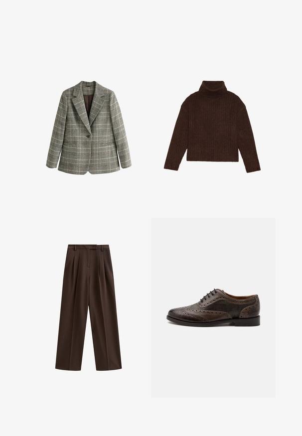 Blazer gris à carreaux à un bouton, avec des revers crantés et des manches longues, présenté sur fond blanc.; Pull en maille côtelée marron à col roulé, avec des manches longues et une silhouette courte, présentant un design de tricot épais et texturé.; Pantalons marron à taille large avec des plis, une ceinture plate et des passants de ceinture ; texture lisse et design ajusté. Idéal pour une tenue décontractée ou formelle.; Chaussure brogue à bout golf en cuir marron foncé avec détails perforés et panneaux en tissu à carreaux, semelle noire et lacets noirs.