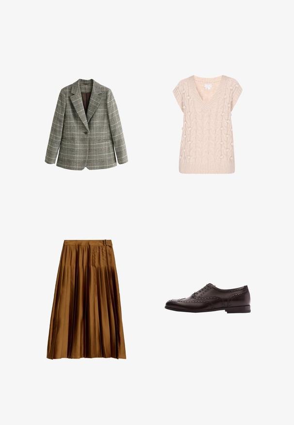 Gråt ternet blazer med enkelt knap, revers med hak og lange ærmer, vist mod en hvid baggrund.; Strikvest i lys beige med V-hals og korte ærmer. Har et kabelstrik mønster og pompon-detaljer på siderne.; Brun satin plisseret midi-nederdel med en høj talje og suedetailer, vist fladt på en hvid baggrund.; Brune læder dress sko med brogue-detaljer, snørebånds lukning, rund tå og en lav stablet hæl. Poleret finish og indviklede perforeringer.